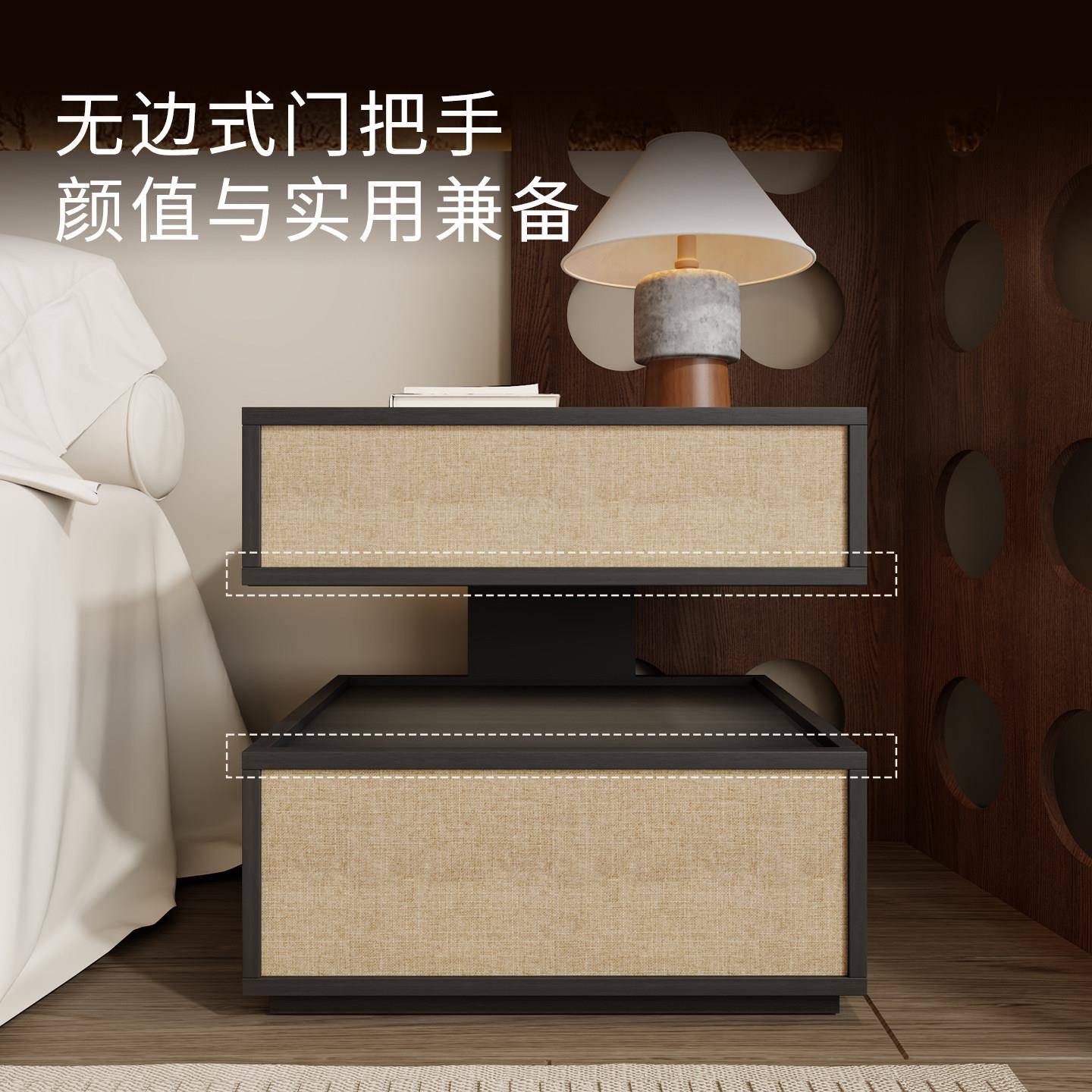 实木北欧悬浮现代简约床头柜藤布胡桃黑橡木家用卧室床边收纳储物