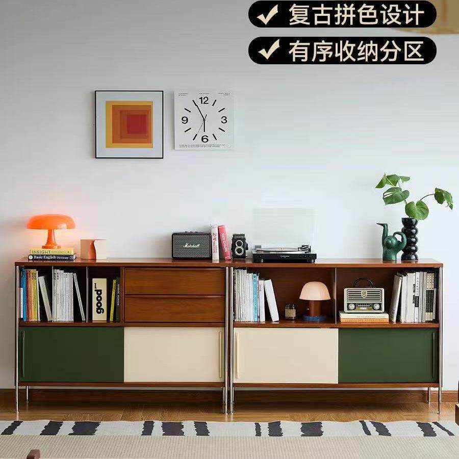 实木拼色餐边柜子多功能储物柜中古餐厅靠墙覆古小边柜置物收纳柜