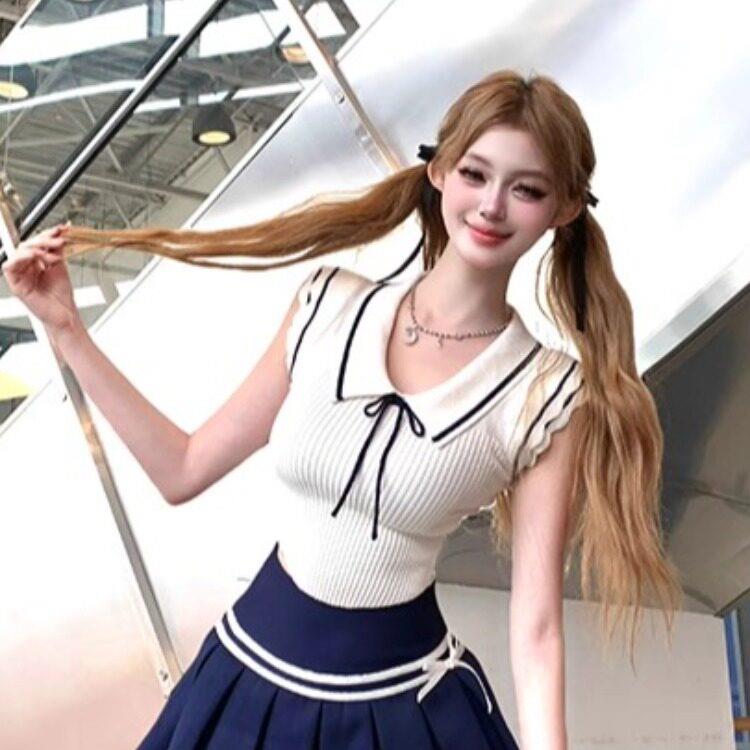 夏学院风1/4吋套筒扳手袖针织上衣女蝴蝶结翻领减龄修身显瘦足浴
