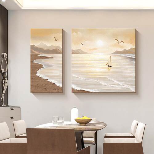 网红现简代约餐厅饰画一帆顺风砂岩桌饭背景墙挂画艺术客厅装两联