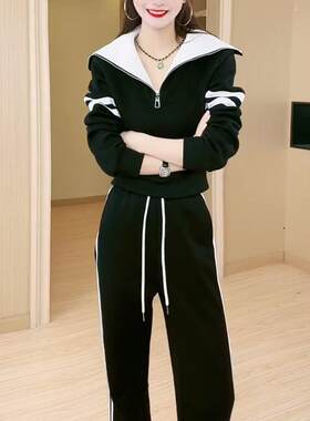欧洲站休闲 运动套装女2025新款秋冬时尚宽松高级感长袖厚棉T两件