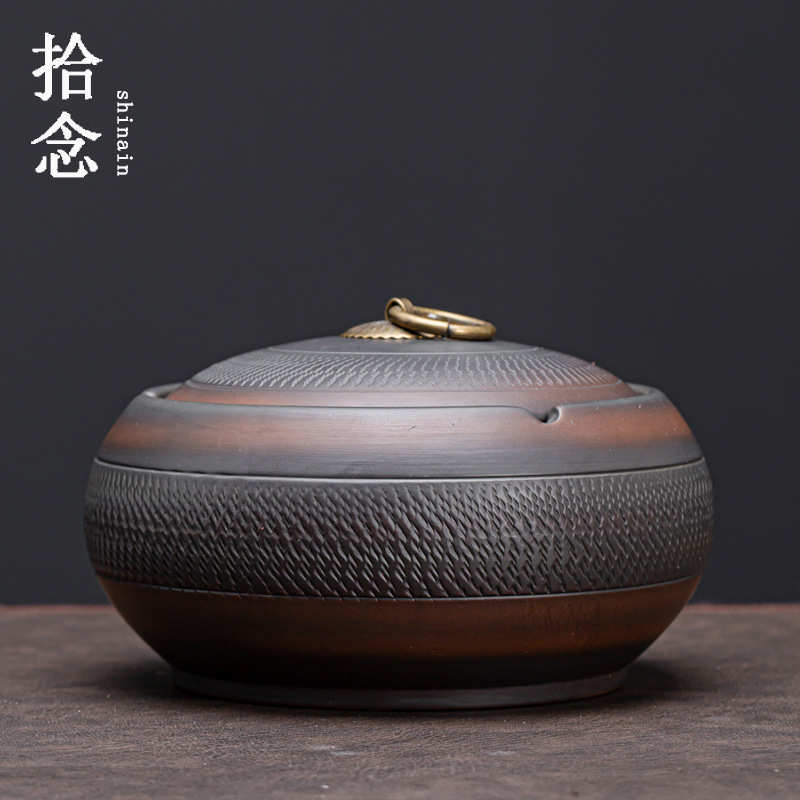 拾念紫陶烟灰缸家用陶瓷带盖防风客厅卧室紫砂大号烟缸防飞灰