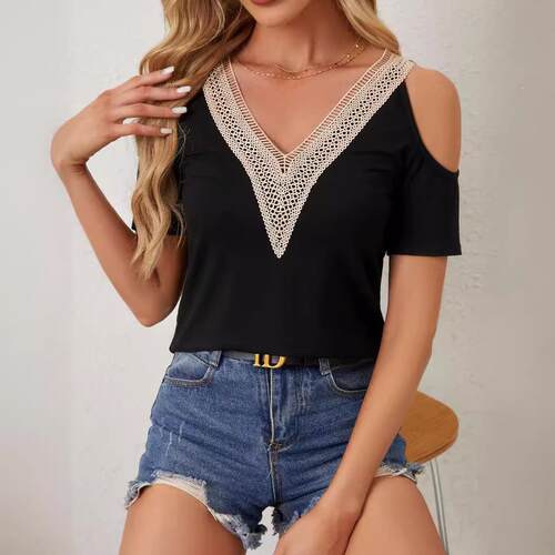 Lace collar, applique sleeves, hollowed out short shirt,