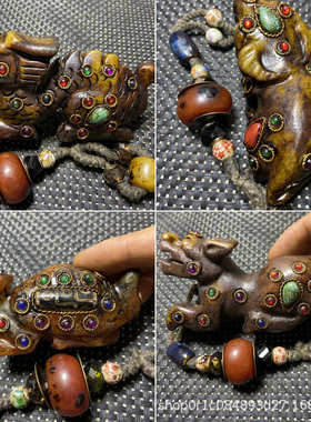 古玩复古岫玉龙玉璧镶嵌宝石九眼天珠五帝铜钱牛貔貅玉石包浆把件