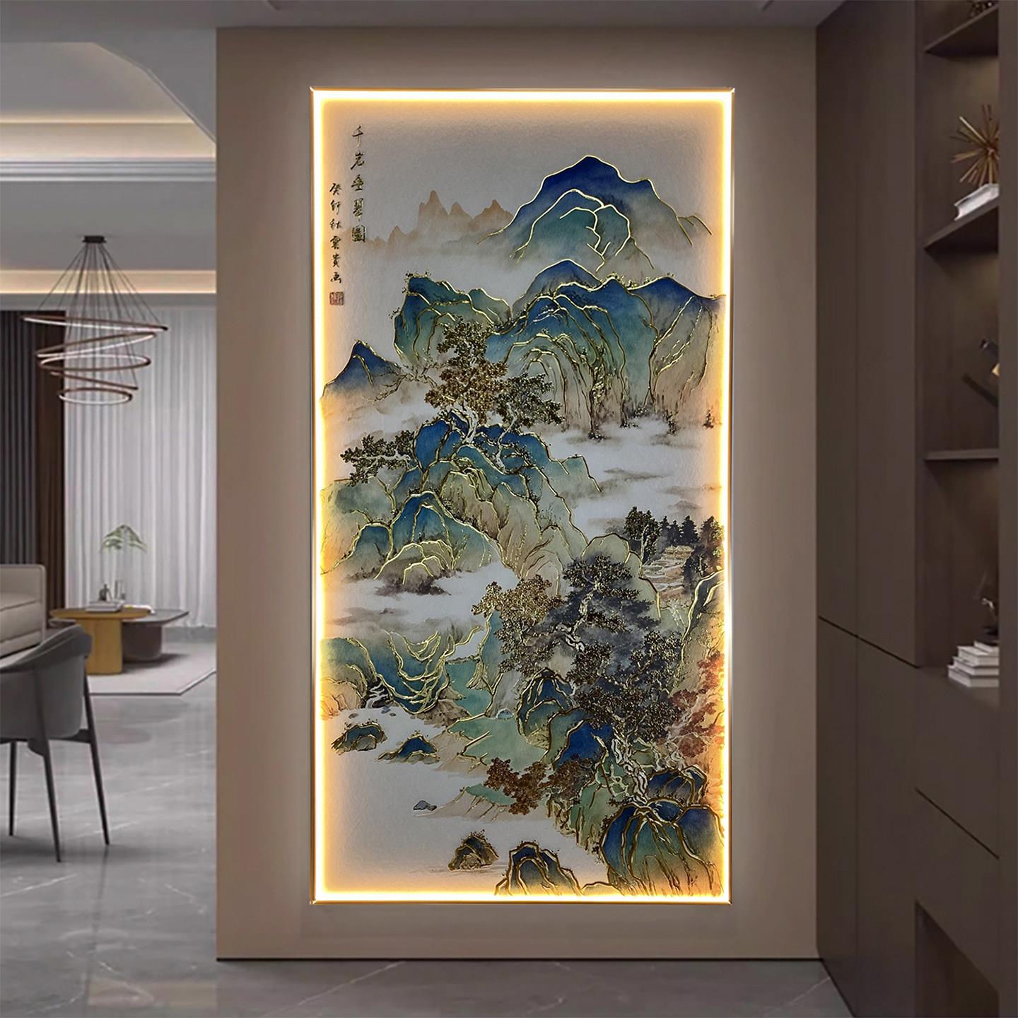立体浮雕鎏金装饰画客厅玄关走廊过道挂画油画布新中式高档山水画