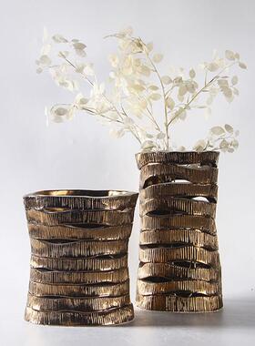 现代简约条状镂空金属色陶瓷花瓶摆件样板间家居酒店客厅卧室饰品