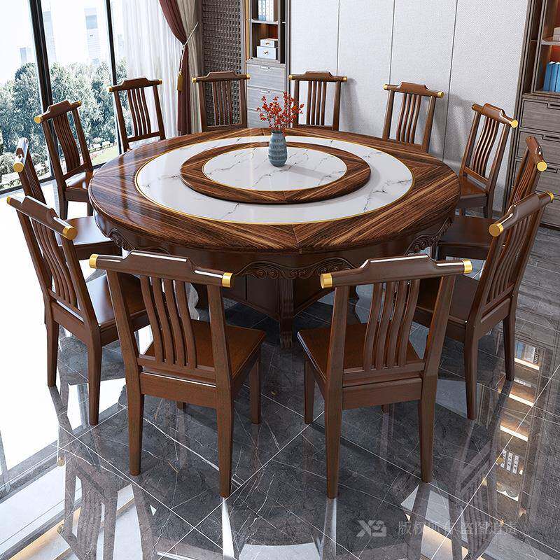 新中式大理石圆桌饭店餐桌椅组合10人岩板圆桌1.8米全实木圆餐桌