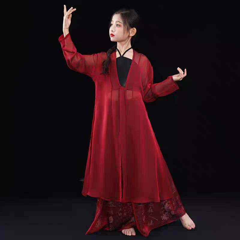 儿童古典舞服装练功服国风爵士舞蹈服纱衣古风黑红色裤子内搭整套