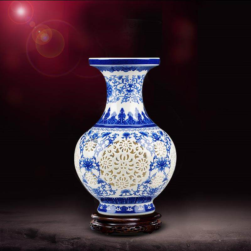 景德镇陶瓷器 手工薄胎镂空福字花瓶摆设 现代时尚象牙青花瓷摆件