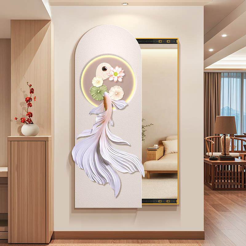 奶油风锦鲤暗藏式全身镜玄关装饰画荷花立体浮雕推拉隐形穿衣镜子