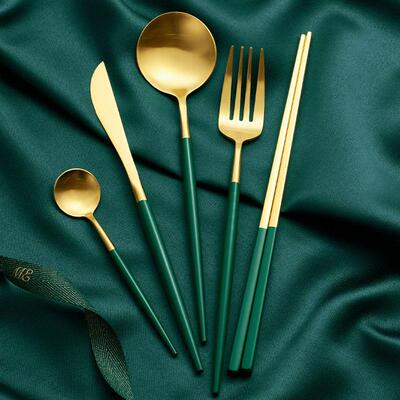 Premium 304 Steel Cutlery Set Matte Green Gold Utensils