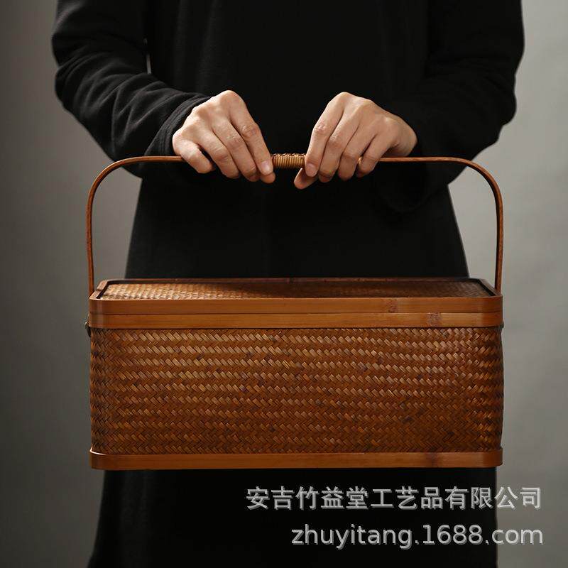 竹编长方形手提盒名家茶具收纳盒优品提篮旅行大漆食盒茶具配件