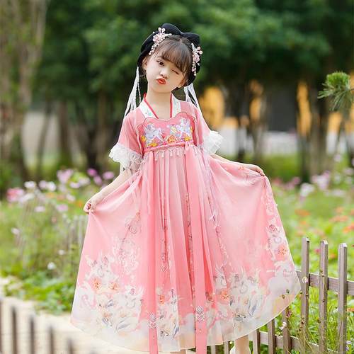 正品女童汉服款春短袖连衣裙225新款古风儿童演出襦服高级超仙公