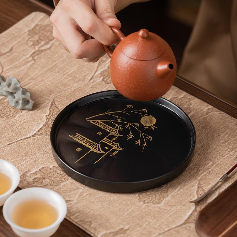 新款宫廷风中式茶几装饰品拍摄道具陶瓷茶具复古风烛台圆托盘摆件