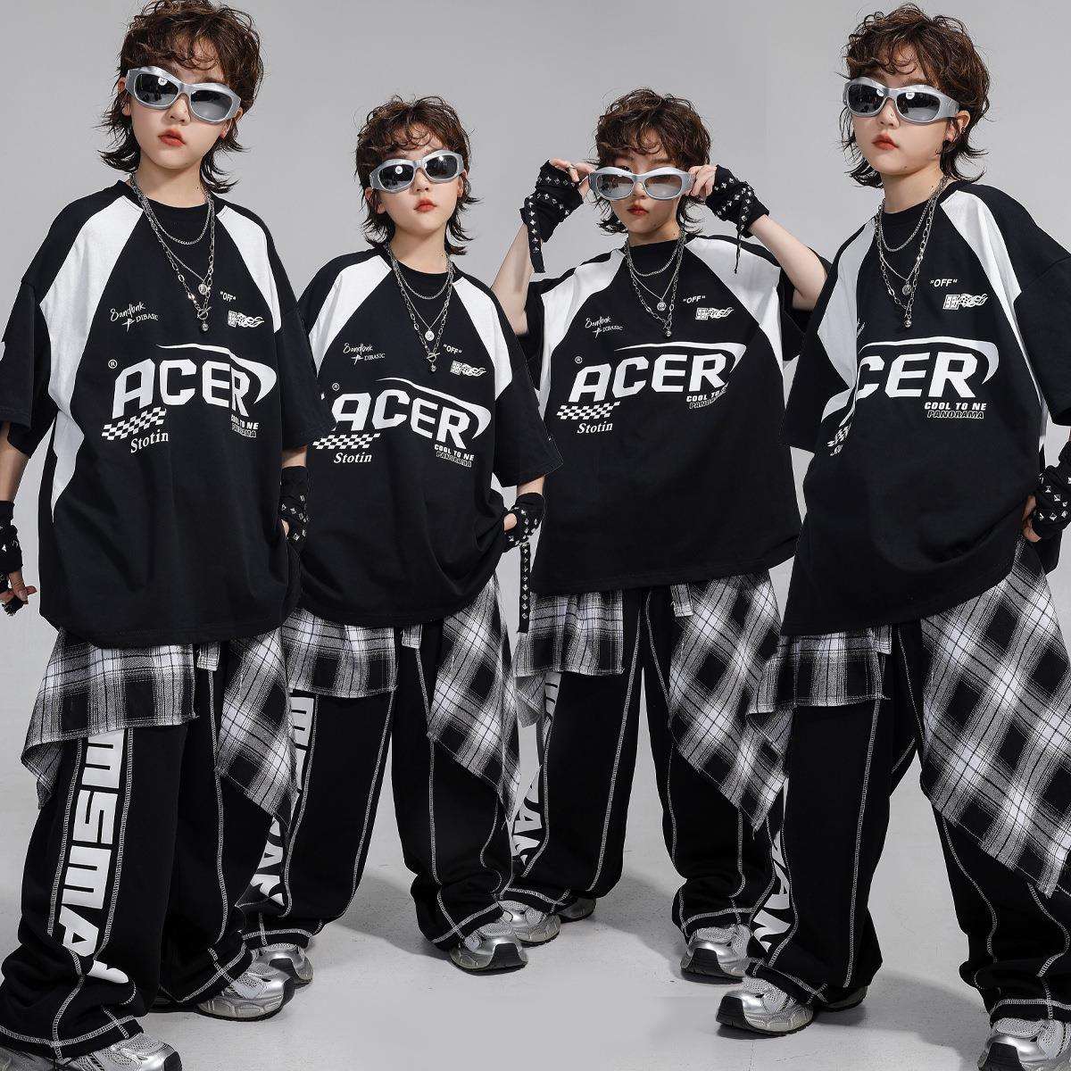 六一儿童街舞演出服少儿嘻哈套装男童hiphop夏季美式机车风表演服