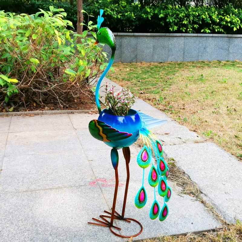 欧美出口户外阳台摆件金属动物花园装饰落地铁艺孔雀摆件花盆架
