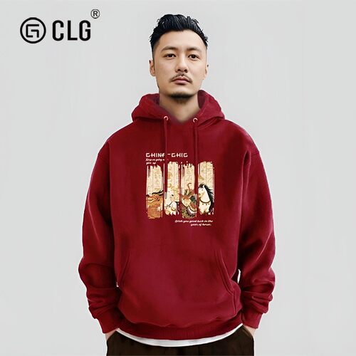 香港CLG潮牌马年本命年酒红色连帽卫衣秋冬新款宽松加绒加厚外套