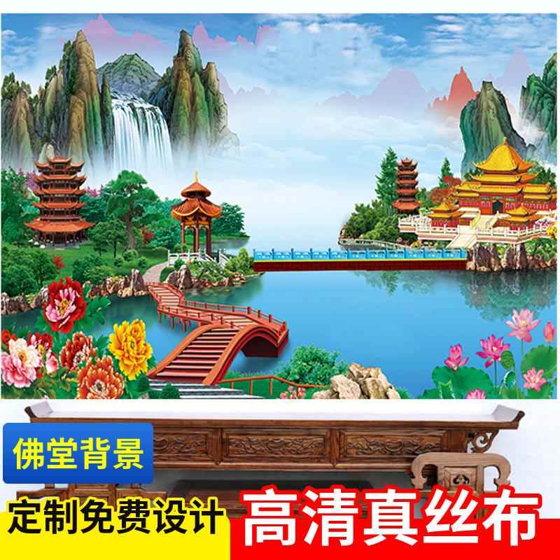 定制仙堂背景画人间仙境布画小桥亭台流水风水山水佛堂装饰画旺宅