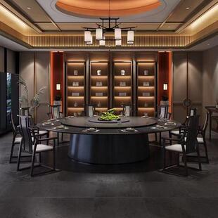 酒店电动餐桌大圆桌家用饭桌轻奢岩板15人20人包厢实木桌椅组合