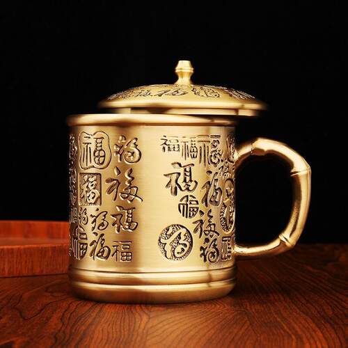 新款黄铜竹节百福杯纯铜茶缸高档家居茶道摆件古玩铜器收藏带盖子