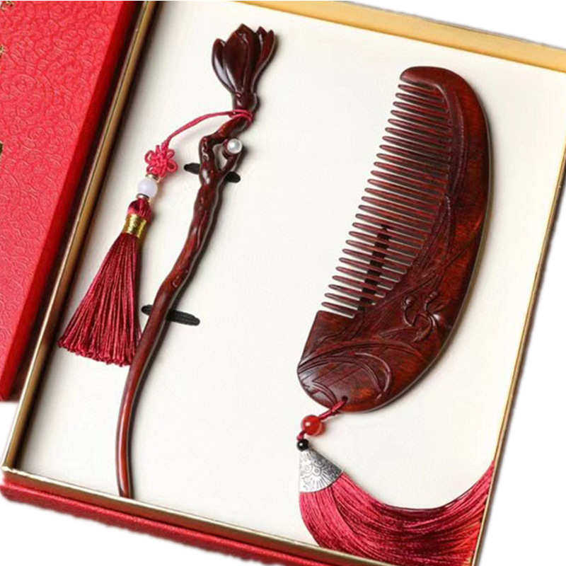 雕刻发簪礼品 可logo婚庆立体荷木梳韵牡丹紫檀 刻印套装梳子小叶