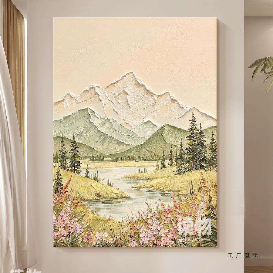 背靠金山手绘肌理油画奶油风山水风景玄关过道挂画客厅墙壁装饰画