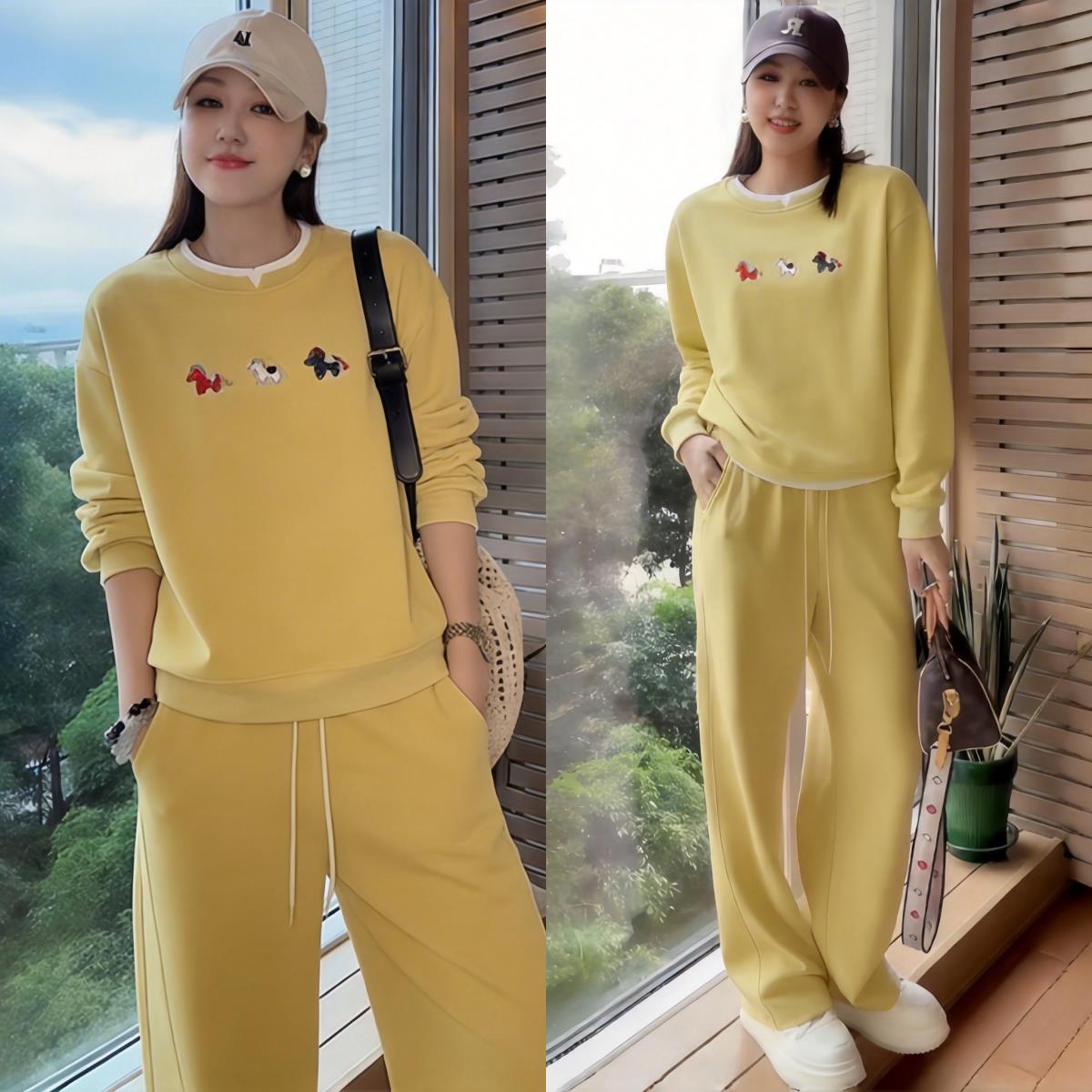 韩版休闲运动套装女2026春秋卡通刺绣假两件圆领卫衣阔腿裤两件套