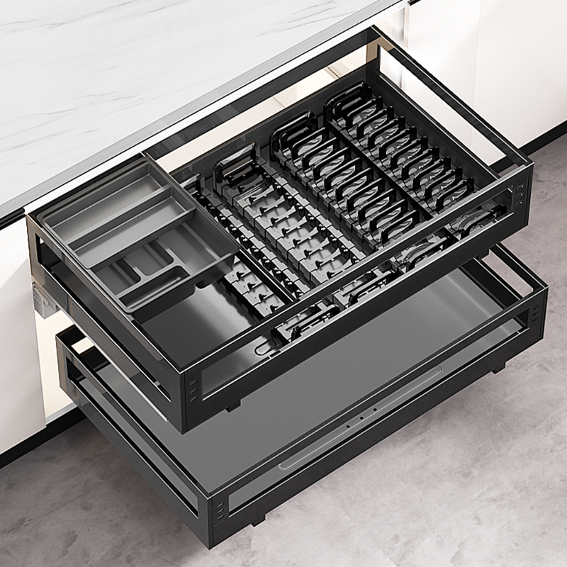 拉篮厨房整体橱柜304不锈钢碗碟篮抽屉式双层碗盘柜阻尼滑轨调味