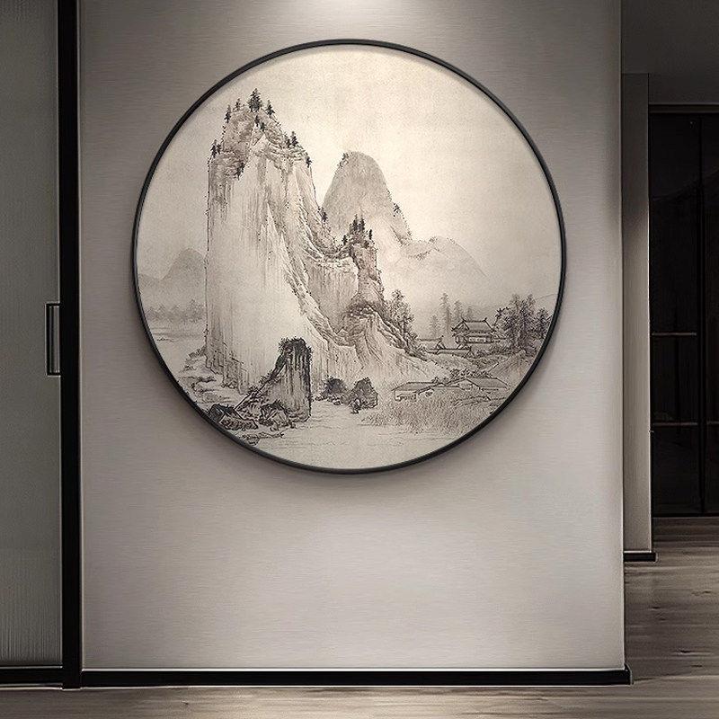 圆形山水装饰画新中式餐厅背景墙风景挂画茶室水墨画玄关走廊壁画