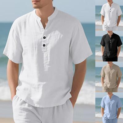Men Slim V Neck Sleeve Shirt Linen Casual Everyday Wear