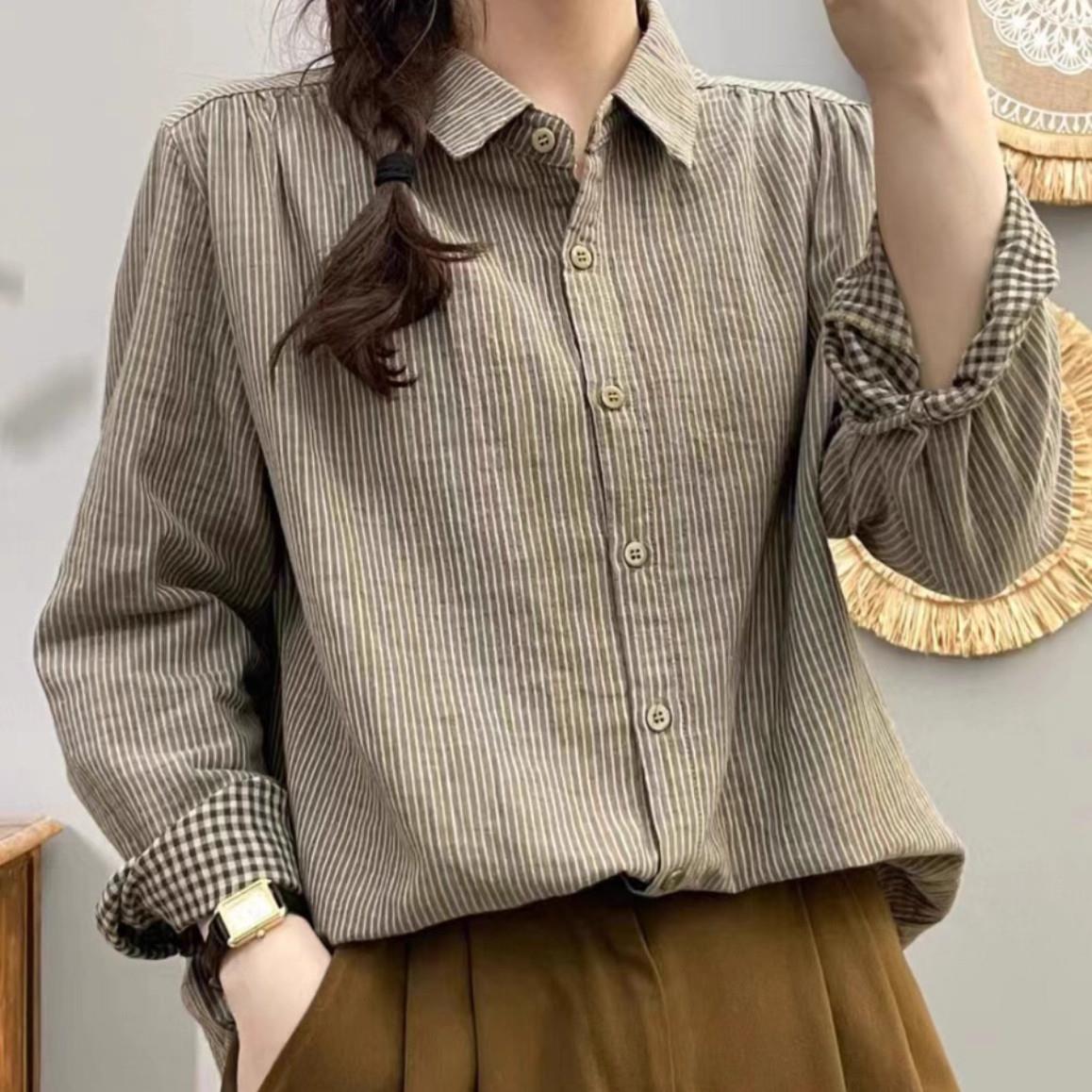 香港TIMO纯棉文艺复古细条纹衬衫女双层棉纱布长袖衬衣春秋衬衣