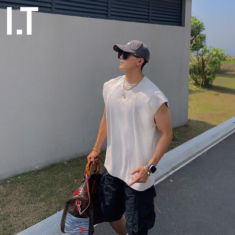 潮牌美式覆古冰丝绒背心男士夏季坎肩无袖T恤跑步运动健身训练服