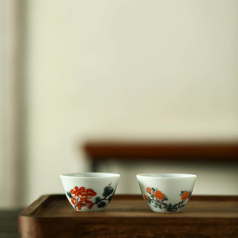 晴先生茶具手绘粉彩牡丹松芝图佳色茶碗杯子品茗杯景德镇陶瓷茶