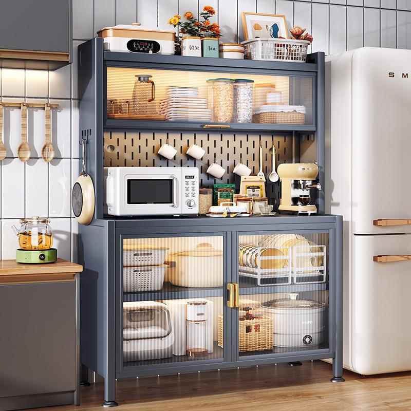 厨房餐边柜钢制物柜多层储置物架靠墙一体柜地落门收餐边柜-1纳带