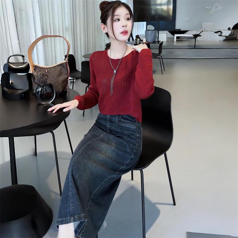 极速时尚牛仔套装裙女士春秋新款洋气显瘦镂空针织衫高腰半身裙两