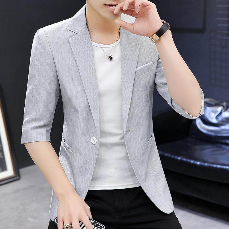 春夏季彷亚麻七分袖西服男轻薄款修身韩版休闲中袖小西装单西外套