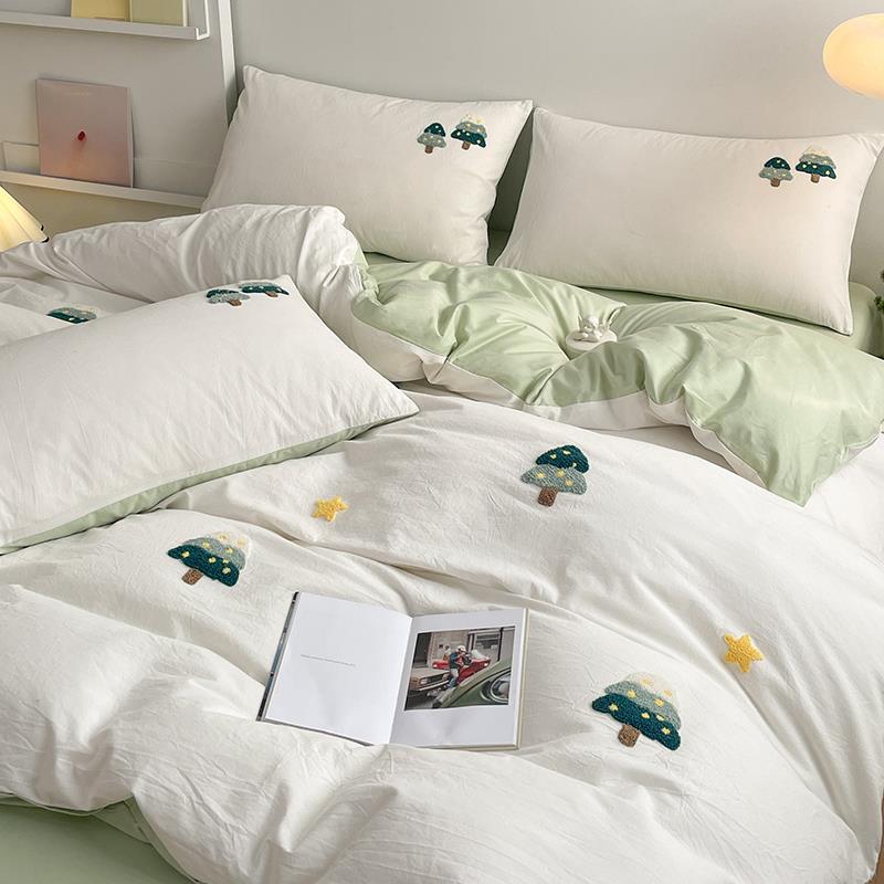 高档件可爱公主风纯棉洗棉四套全棉单被套纯色网红水床三件套床上