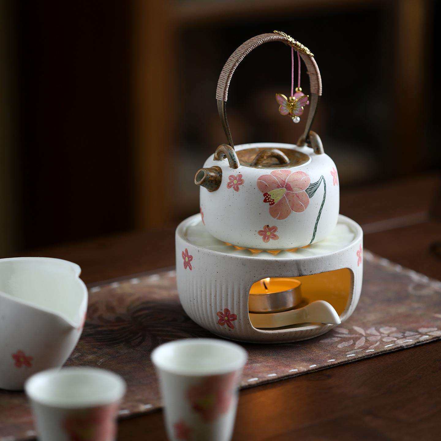 粉引刻绘喇叭花提梁壶温茶炉蜡烛酒精煮茶加热炉煮茶壶加热底座