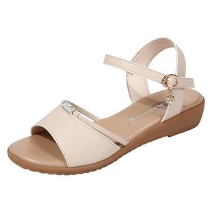 真皮平跟底舒适软底大码 妈年妈鞋 41中老年妇平女凉凉 夏中女鞋 新款