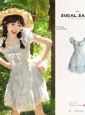 法式气质甜美蓝色碎花泡泡袖洋装女2025夏季超好看独特漂亮裙子