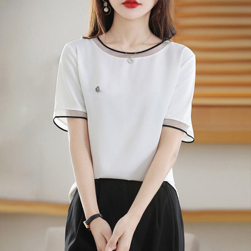 夏季高端蕾丝雪纺衫短袖t恤女2026年新款宽松显瘦休闲白色上衣潮