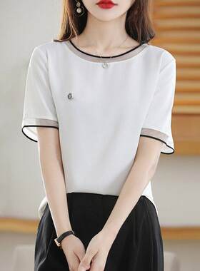夏季高端蕾丝雪纺衫短袖t恤女2026年新款宽松显瘦休闲白色上衣潮