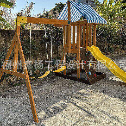 跨境实木滑梯沙池秋千家庭户外攀岩爬墙荡秋千滑梯playset