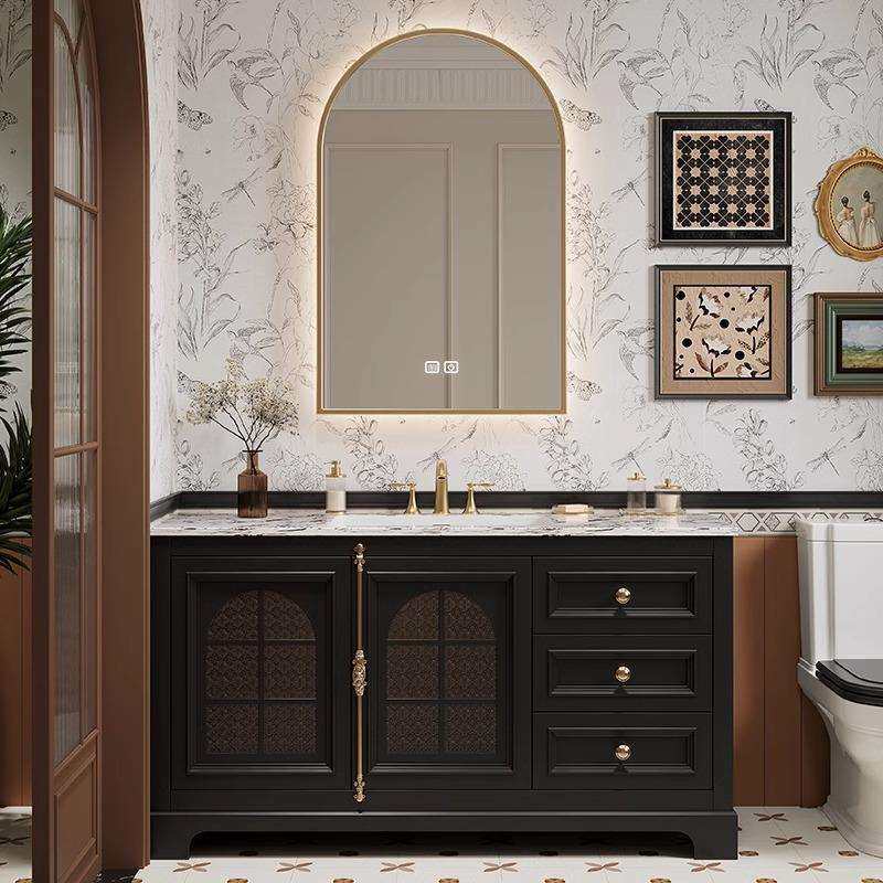 法式轻奢复古浴室柜组合落地式实木卫生间洗漱台岩板无缝陶瓷盆柜