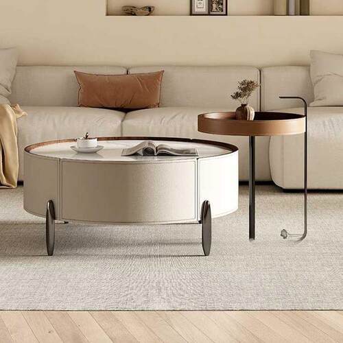 北欧轻奢意式马鞍皮茶几现代简约小户型艺术岩板圆形客厅极简组合