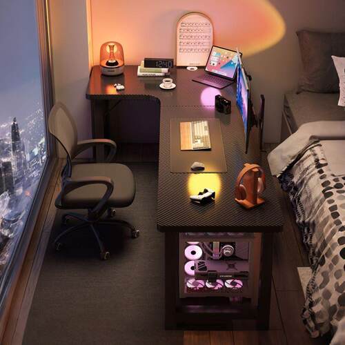 电脑桌台式电竞桌子家用卧室L型拐角桌学习桌转角书桌书架一体桌