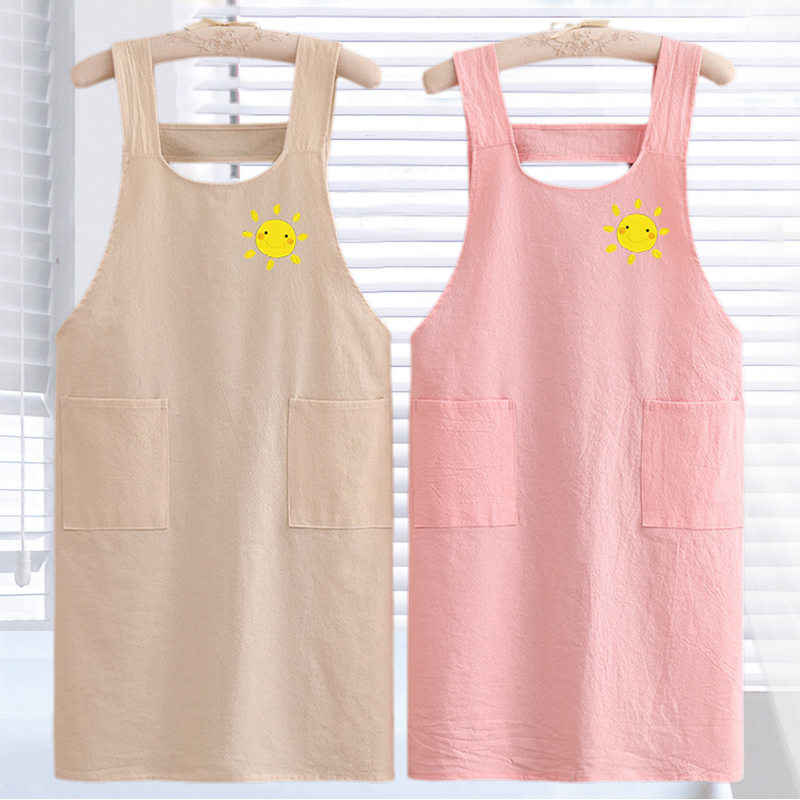 棉布围裙2024新款厨房家用做饭防污透气罩衣女简约工作服大人围腰