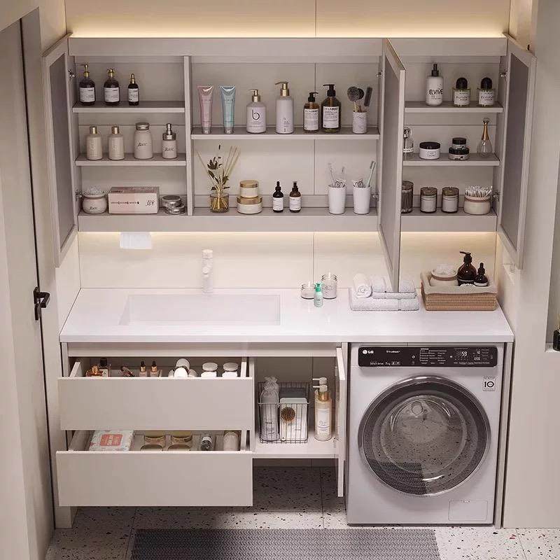 定制蜂窝铝洗衣机洗手盆一体柜岩板热弯陶瓷无缝一体盆浴室柜组合