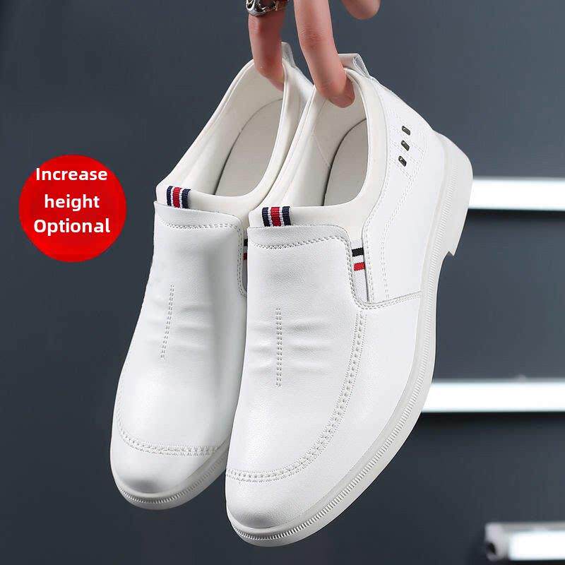高端新男士内增高真皮商务休闲皮鞋英国滑上透气时尚白色男士鞋