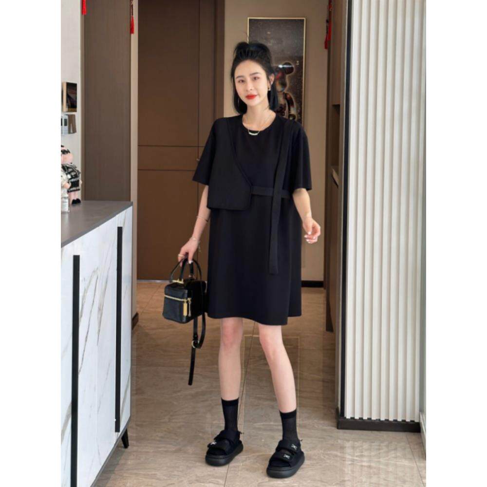 大码休闲宽松连衣裙女胖妹妹藏肉显瘦小众假两件裙子2025夏季新款